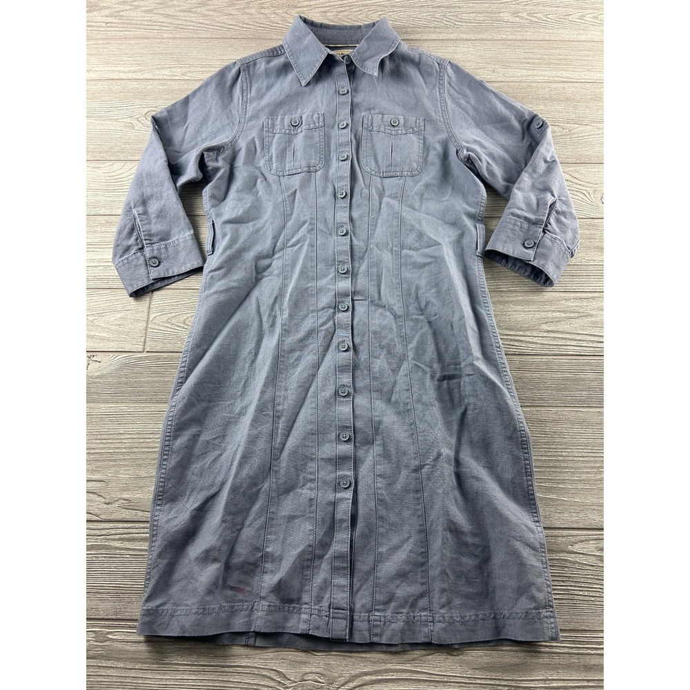 LL Bean Women Blue Linen Cotton Button Front Utility Shirt Dress XS 275251